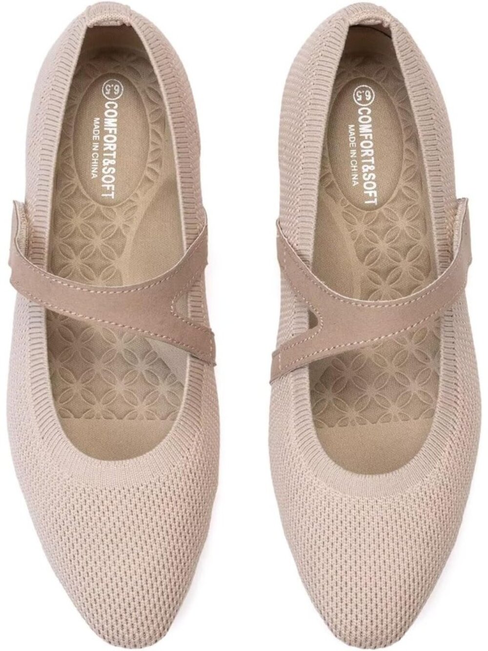 Women's Beige Knitted Mary Jane Square Toe Comfortable Ballet Flat Shoes